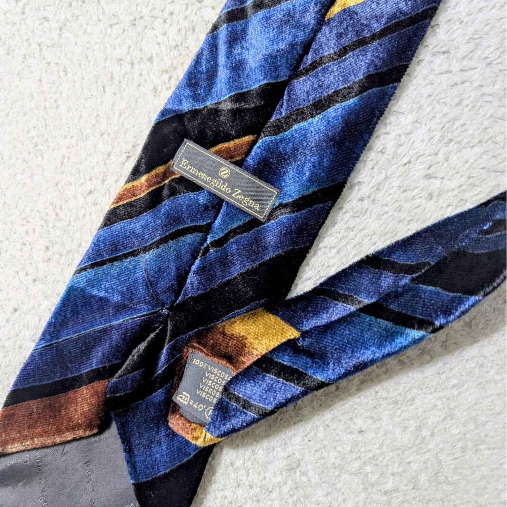 Ermenegildo Zegna Tie Mens OS Blue Striped Velvet Viscose Made in Italy Shiny